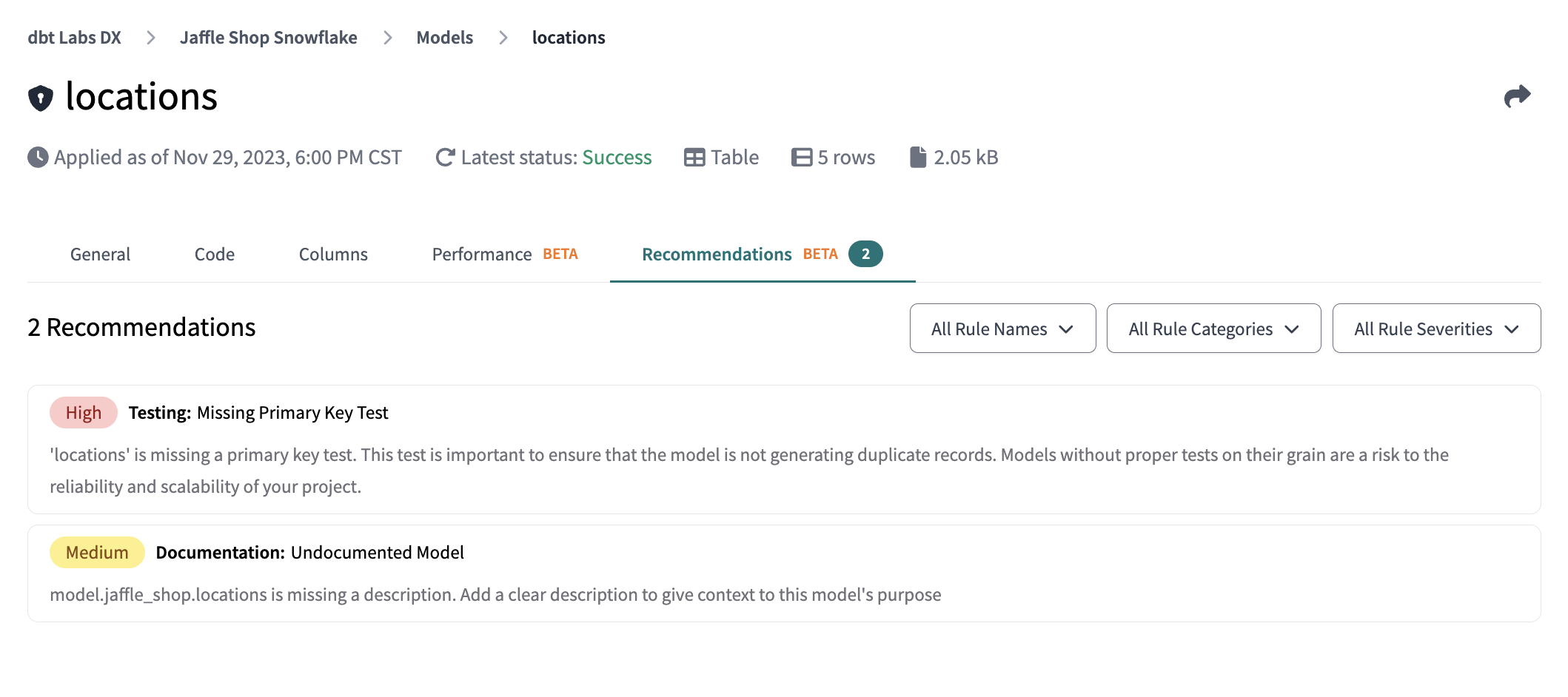 Example of the Recommendations tab Example of the Recommendations tab